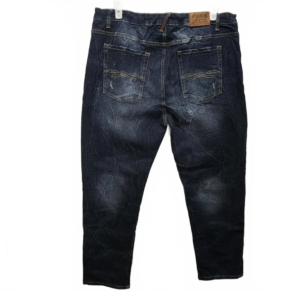Frye And Co. Men's Straight Leg Dark Wash Distressed Whiskered Jeans Size 38X30